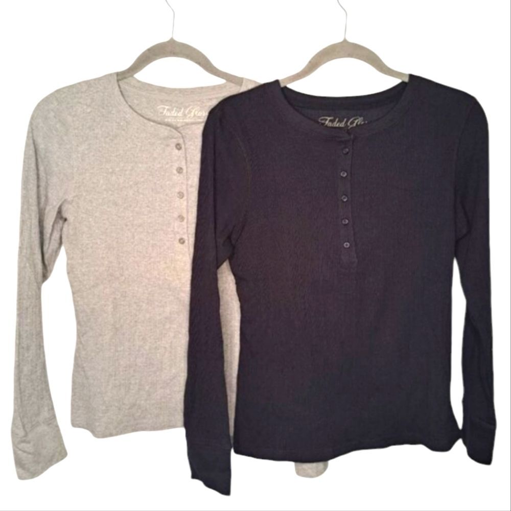 Lot of 2 Faded Glory Gray Black Long Sleeve Ribbed Henley Tops Size Small
